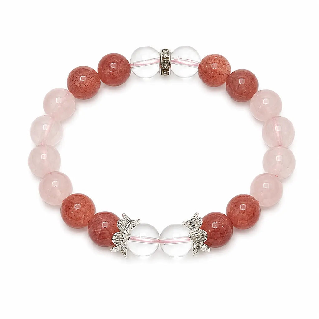 AURA Amulet Strawberry and Rose Quartz crystal beaded bracelet on white background, a handmade love attraction jewelry.