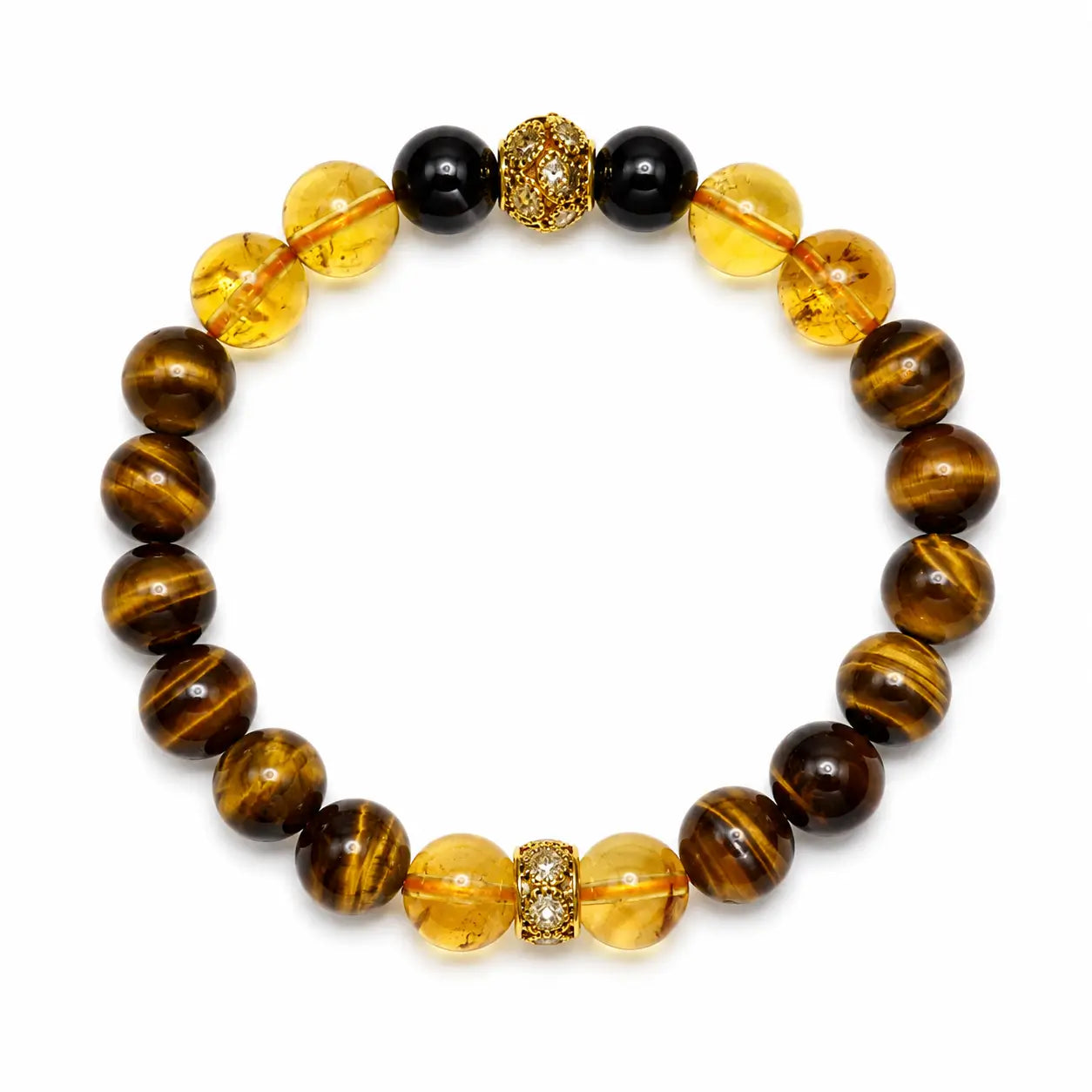 AURA Amulet Golden Momentum bracelet featuring gold tiger eye stone, citrine and obsidian on clean white background. 