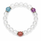 AURA Amulet triple protection bracelet with clear crystal quartz, amethyst calming stone and aquamarine on white.