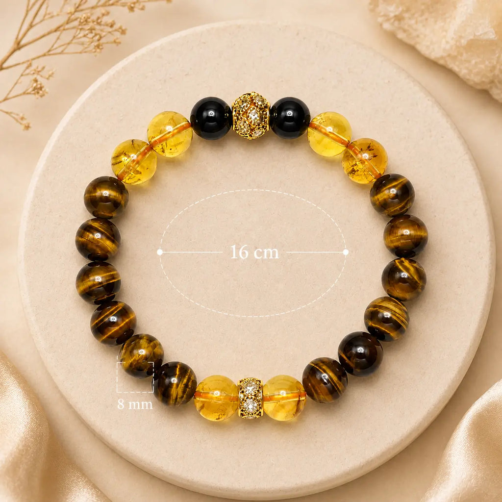 AURA Amulet Golden Momentum wealth bracelet size guide with 8mm beads and 16cm loop.