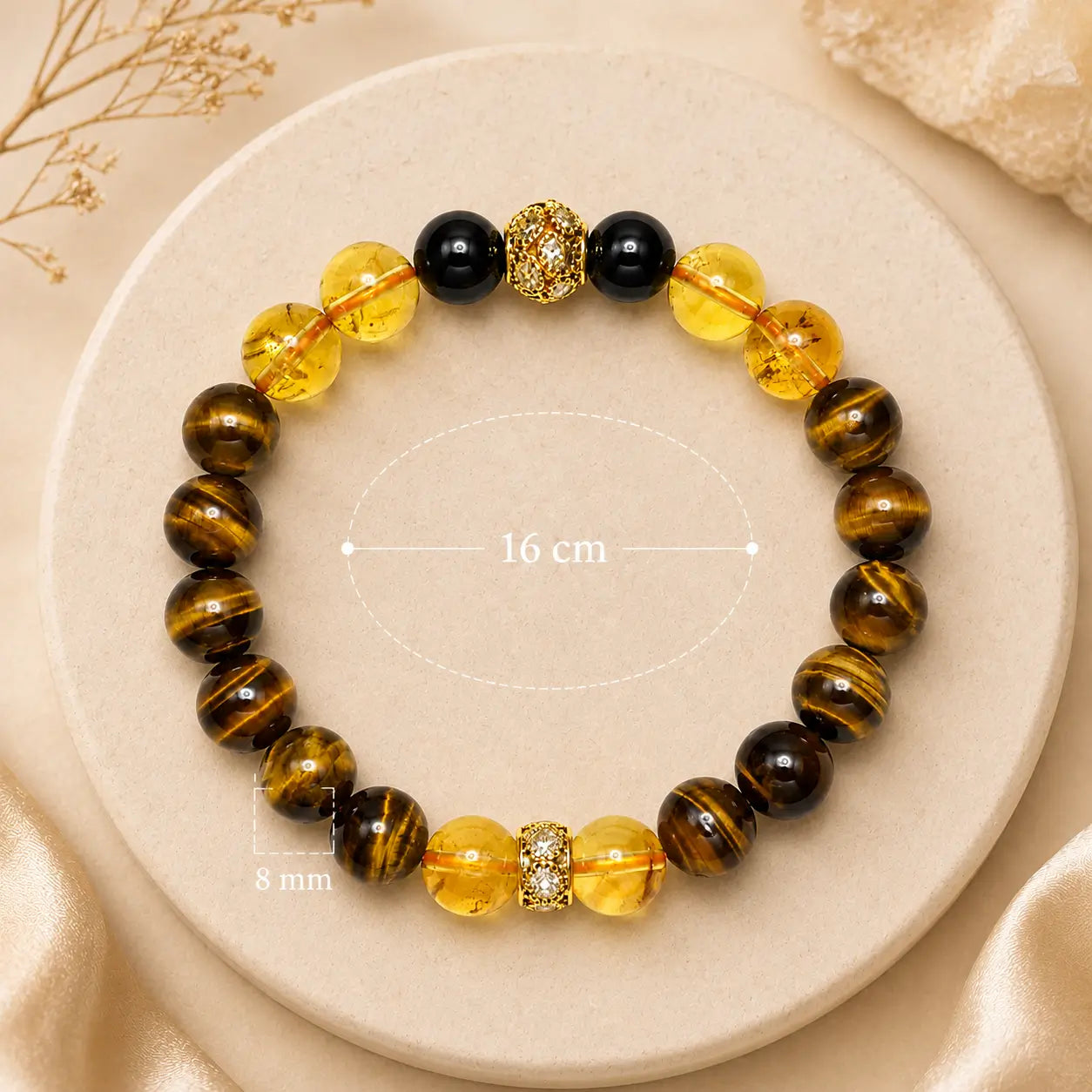 AURA Amulet Golden Momentum wealth bracelet size guide with 8mm beads and 16cm loop.